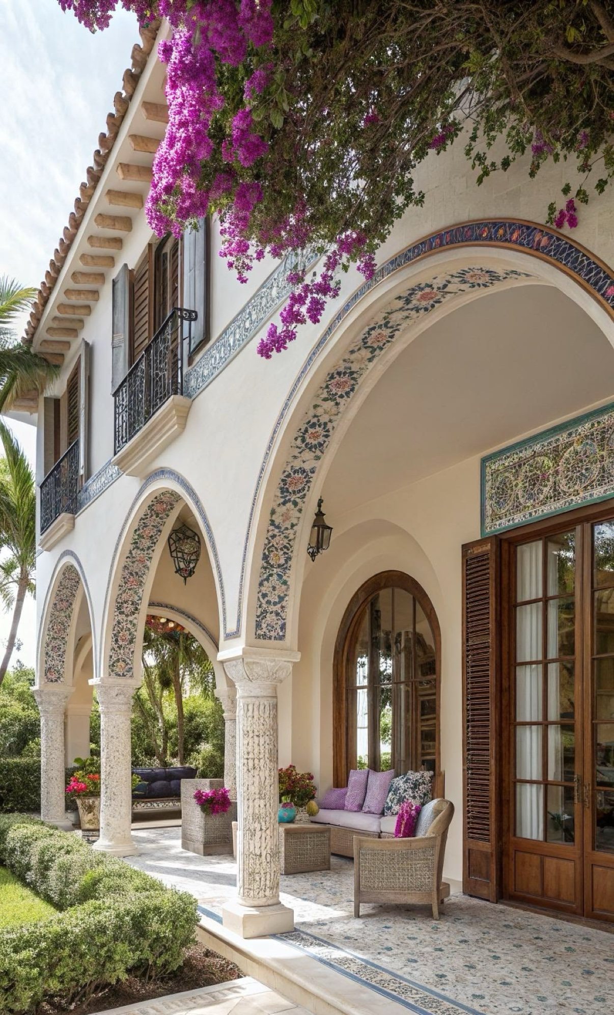 Luxury Spanish-style villa with talavera-tiled arches and bougainvillea